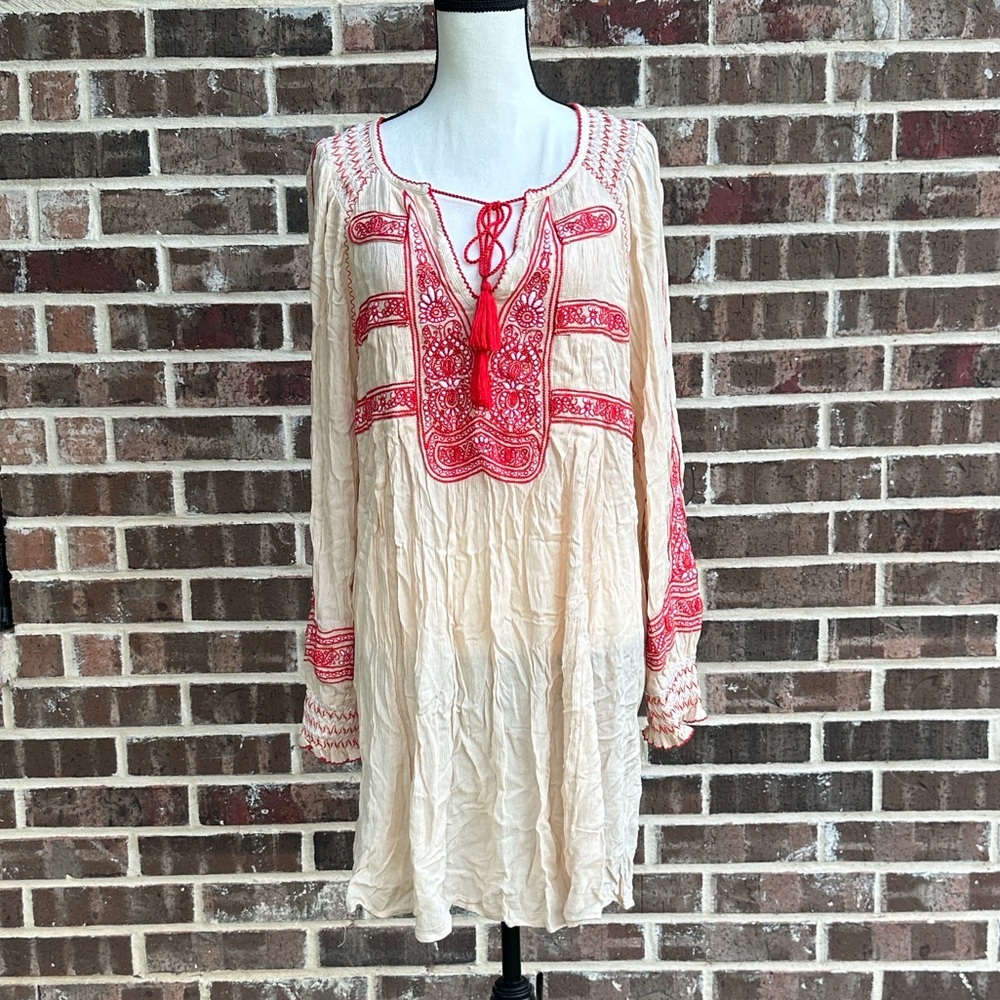 Free People Boho Cream and Red Embroidered  Mini Dress
